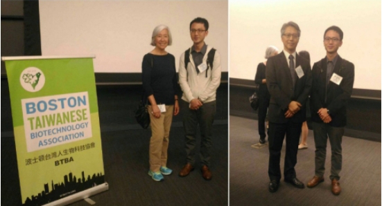 左圖：美國國家科學院暨台灣中央研究院院士葉公杼博士(Dr.Lily Yeh Jan)(左)、國璽幹細胞公司林珀丞副總(右)；右圖：中研院院長廖俊智博士(Dr.James C. Liao)(左)、國璽幹細胞公司林珀丞副總(右)
